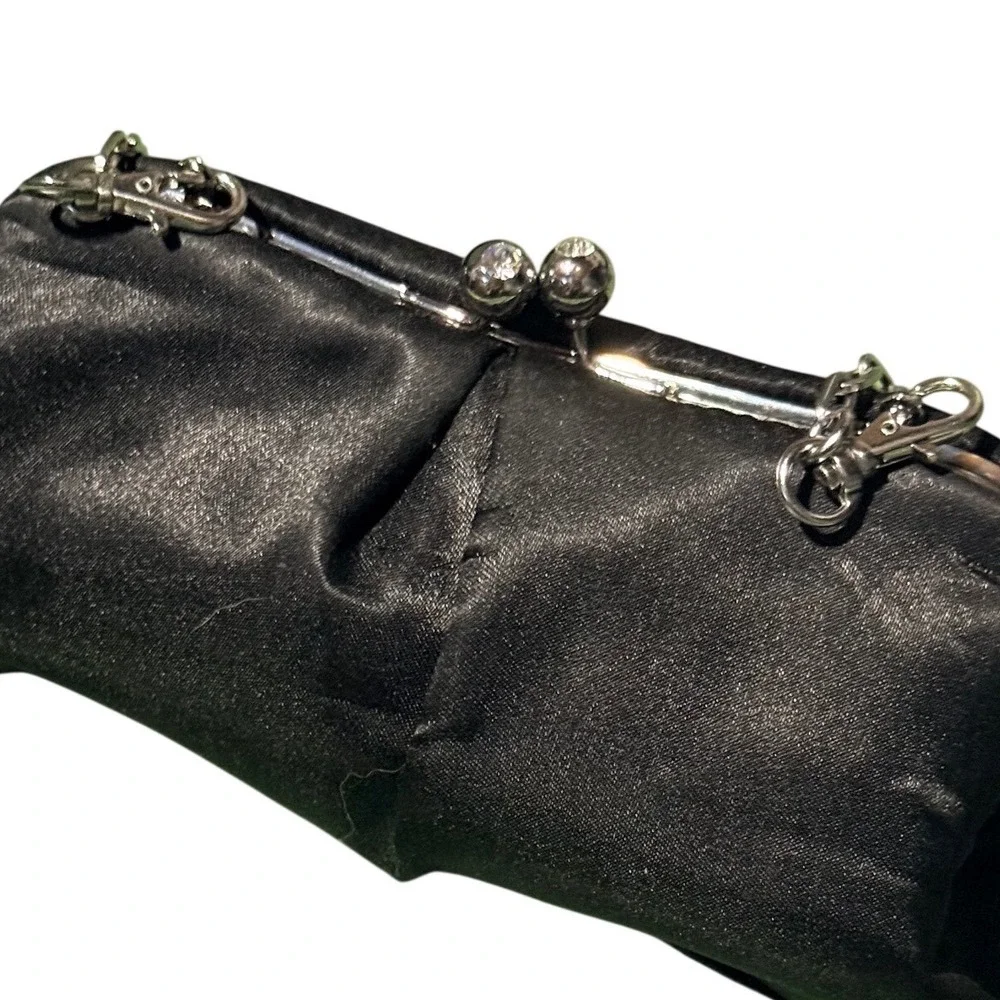 Nine West Black Satin Pleated Evening Clutch Rhinestone Kiss Lock Chain Strap